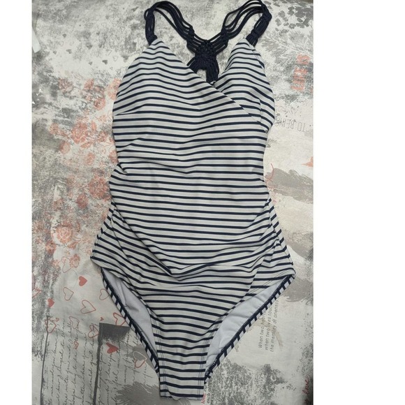 Kona Sol Blue and White Coastal Stripe Strappy Knotted One-piece Swimsuit M - Picture 1 of 8